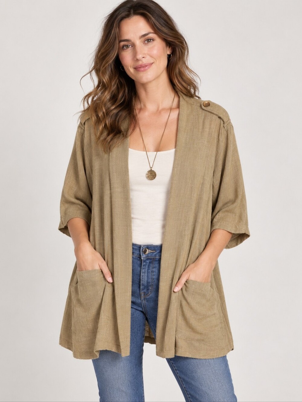 Phool Vintage 100% Cotton Tan Open Front Jacket M Lagenlook Utility Safari Jacke